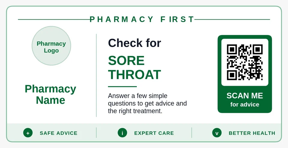 Sample Scan2Care Pharmacy First QR poster for sore throat